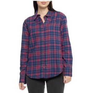 NWT ROMWE Navy and Red Plaid Flannel Button Down Shirt. Size Medium.